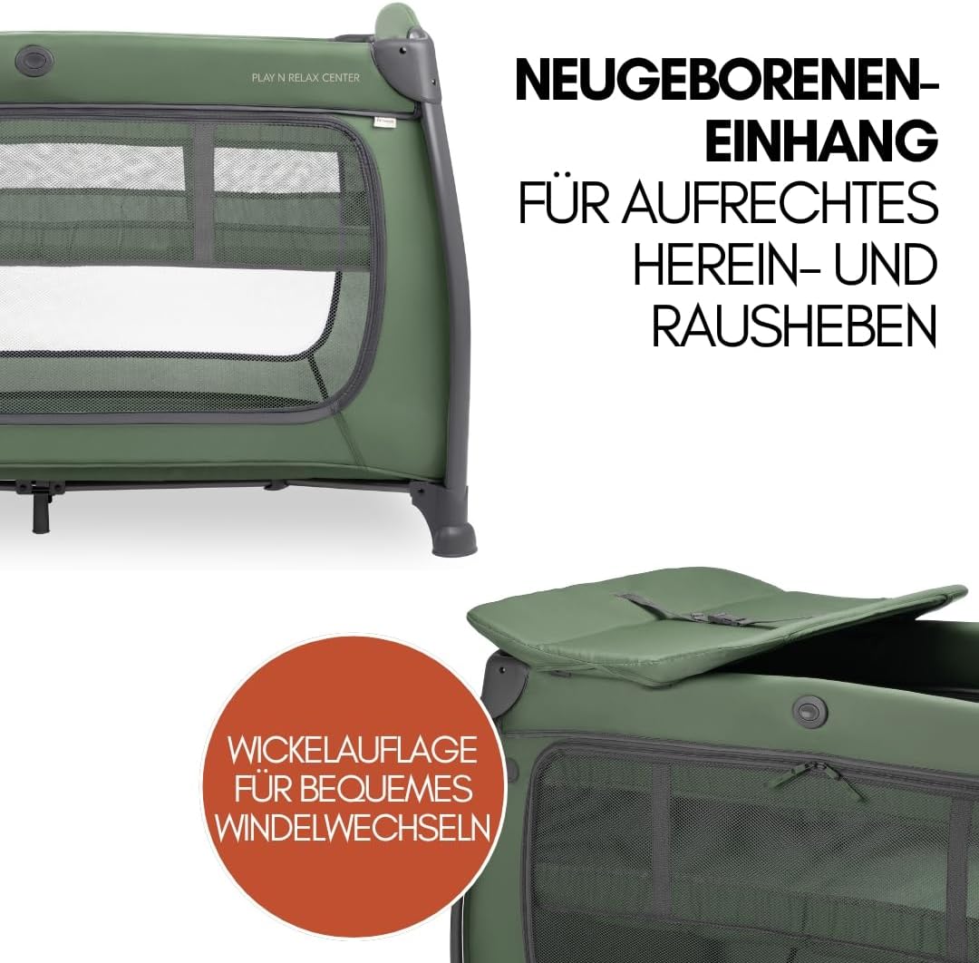 hauck Baby Reisebett Play n Relax Center Set mit Komfort Matratze und Insektenschutz - Babyreisebett mit Neugeborenen Einsatz, Wickelauflage und Tasche (höhenverstellbar & faltbar) - Dark Blue