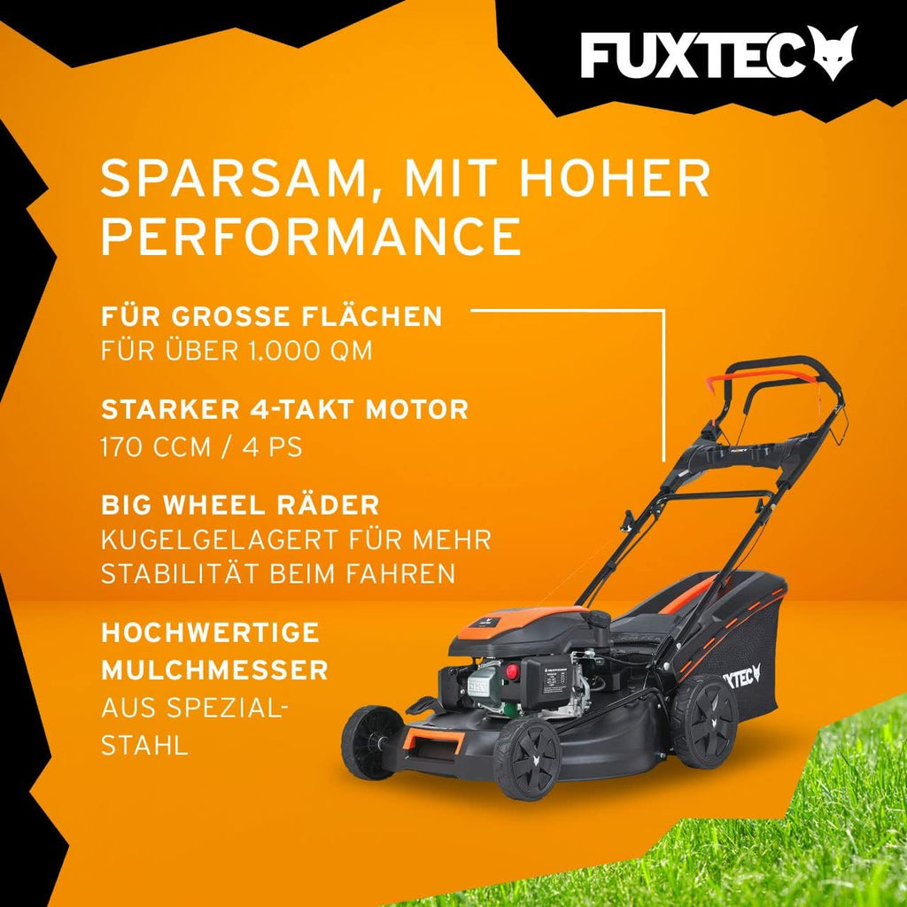 FUXTEC Tosaerba a Benzina 4in1 FX-RM5196eSPRO con Avviamento Elettrico e Trazione Regolabile, Rasaerba con Paraurti Anteriore, Larghezza di Taglio 51 cm, Ruote Big Wheel con Cuscinetti a Sfera, Cesto Raccoglierba da 60L