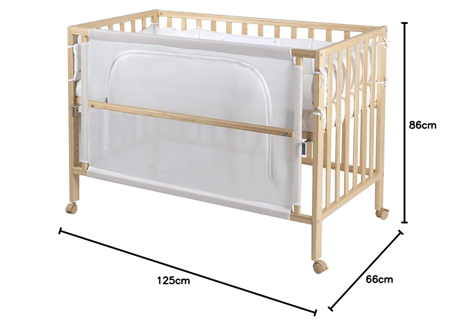 roba Beistellbett 60 x 120 cm - Adam & Eule Room Bed - Babybett zum Anstellen an Elternbett - Inklusive Matratze, Bettwäsche, Himmel - Mobil & Höhenverstellbar - Holz weiß