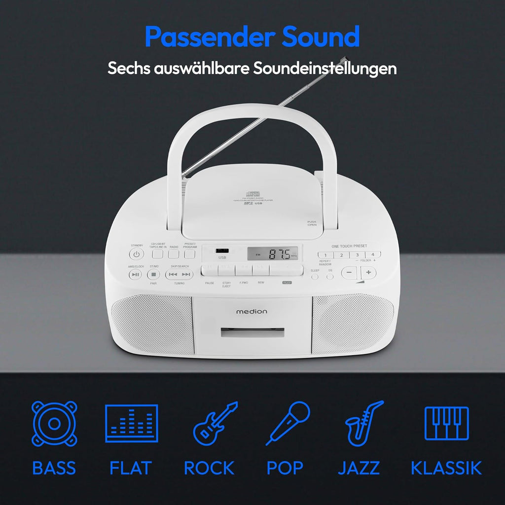MEDION E65010 Radioregistratore stereo (lettore CD, cassetta, porta USB, ingresso audio AUX, riproduzione MP3, radio PLL FM, 40 stazioni memorizzabili, funzionamento a batteria, telecomando) bianco