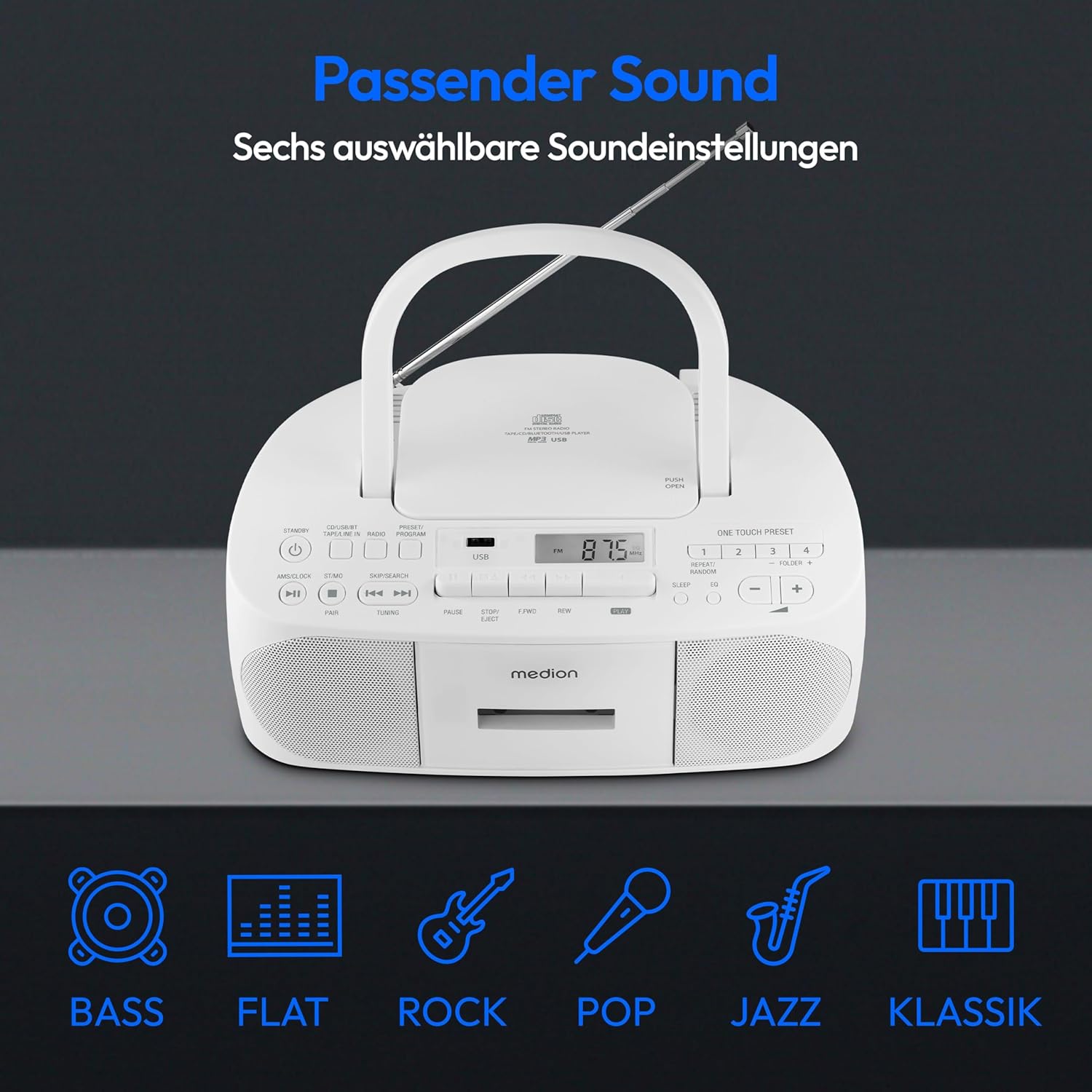 MEDION E65010 Radioregistratore stereo (lettore CD, cassetta, porta USB, ingresso audio AUX, riproduzione MP3, radio PLL FM, 40 stazioni memorizzabili, funzionamento a batteria, telecomando) bianco