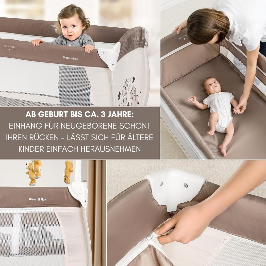 Hauck Lettino da viaggio Babycenter Zoo - con inserto per neonati, fasciatoio, arco giochi con carillon, portaoggetti, ruote, materasso, borsa per il trasporto (regolabile in altezza e pieghevole) - 120x60 cm