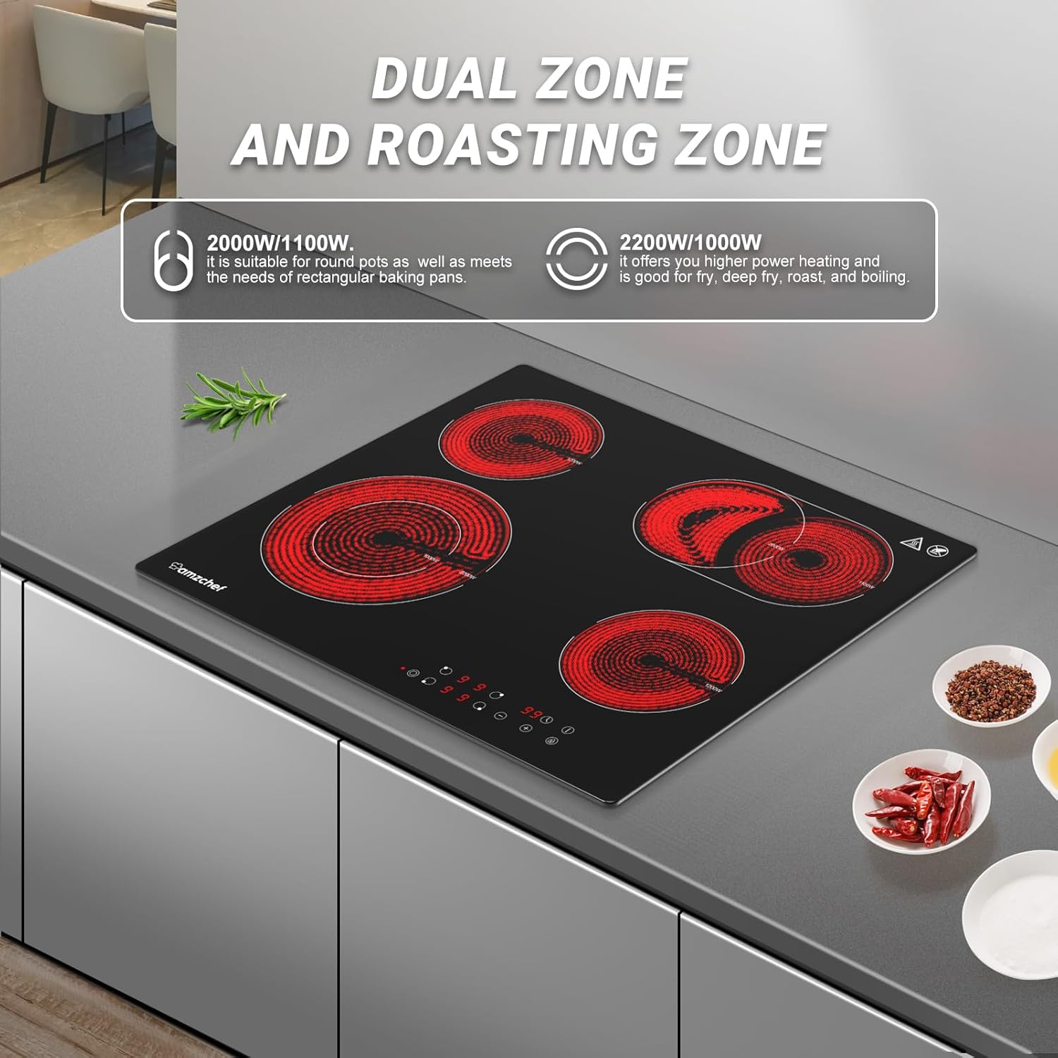 AMZCHEF Induktionskochfeld 60cm mit Zwei Flexzonen, 4 Zonen Induktionskochplatte mit Boost-Funktion und 9 Leistungsstufen, Touch-Bedienung, Timer, Sicherheitsschloss, Überhitzungsschutz, BBQ, 7200W