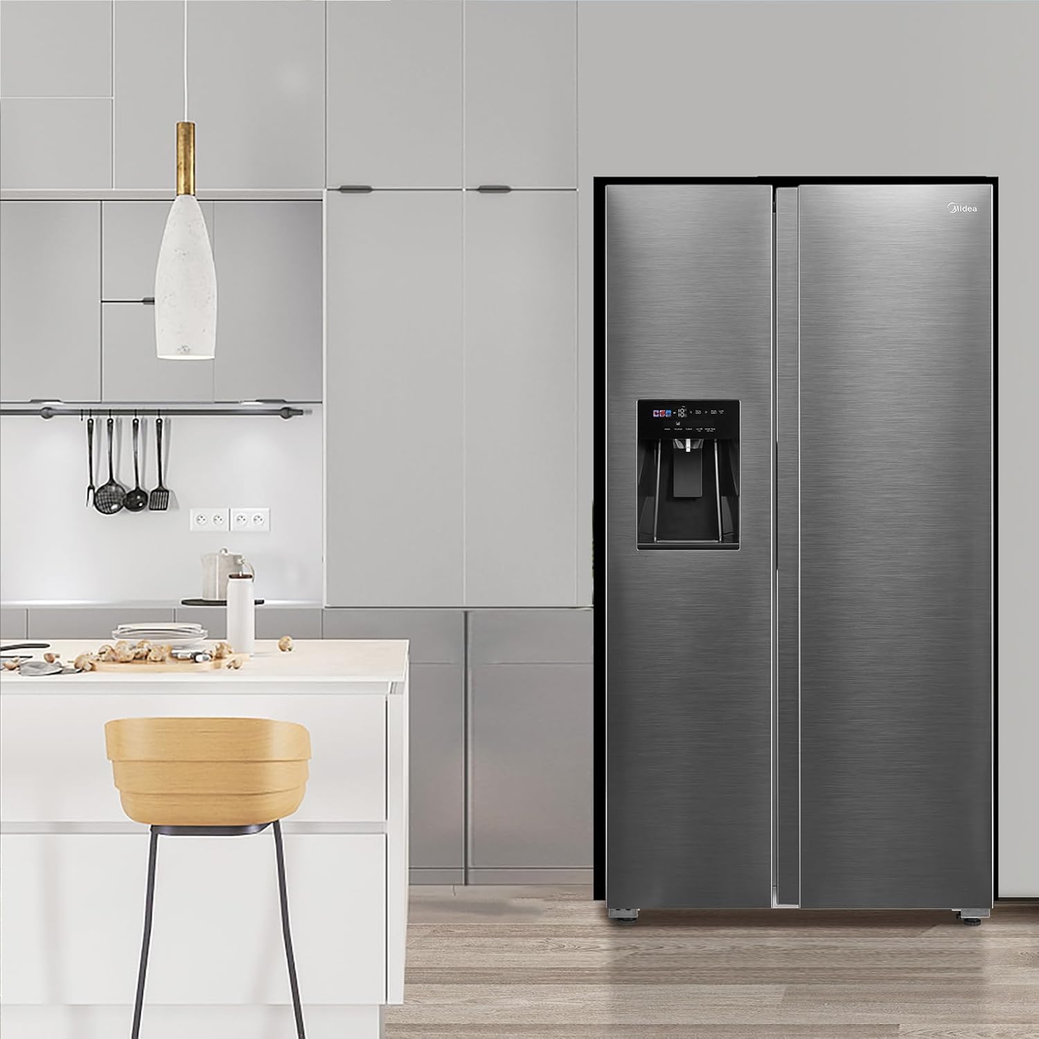 Midea KS-DDX 6.32 WT Frigorifero Side-by-Side con Congelatore/Altezza 178,8 cm/254 kWh/anno/No Frost/Compressore Dual Inverter/con Distributore di Acqua e Ghiaccio 3-in-1 e Serbatoio d'Acqua, Inox Scuro