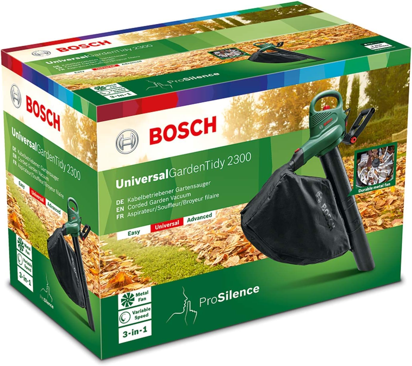 Bosch UniversalGardenTidy 3000 Soffiatore/Aspiratore Elettrico (3000 W, sacco di raccolta da 50 l, regolazione continua della velocità, per soffiare, aspirare e triturare foglie, in confezione di cartone)