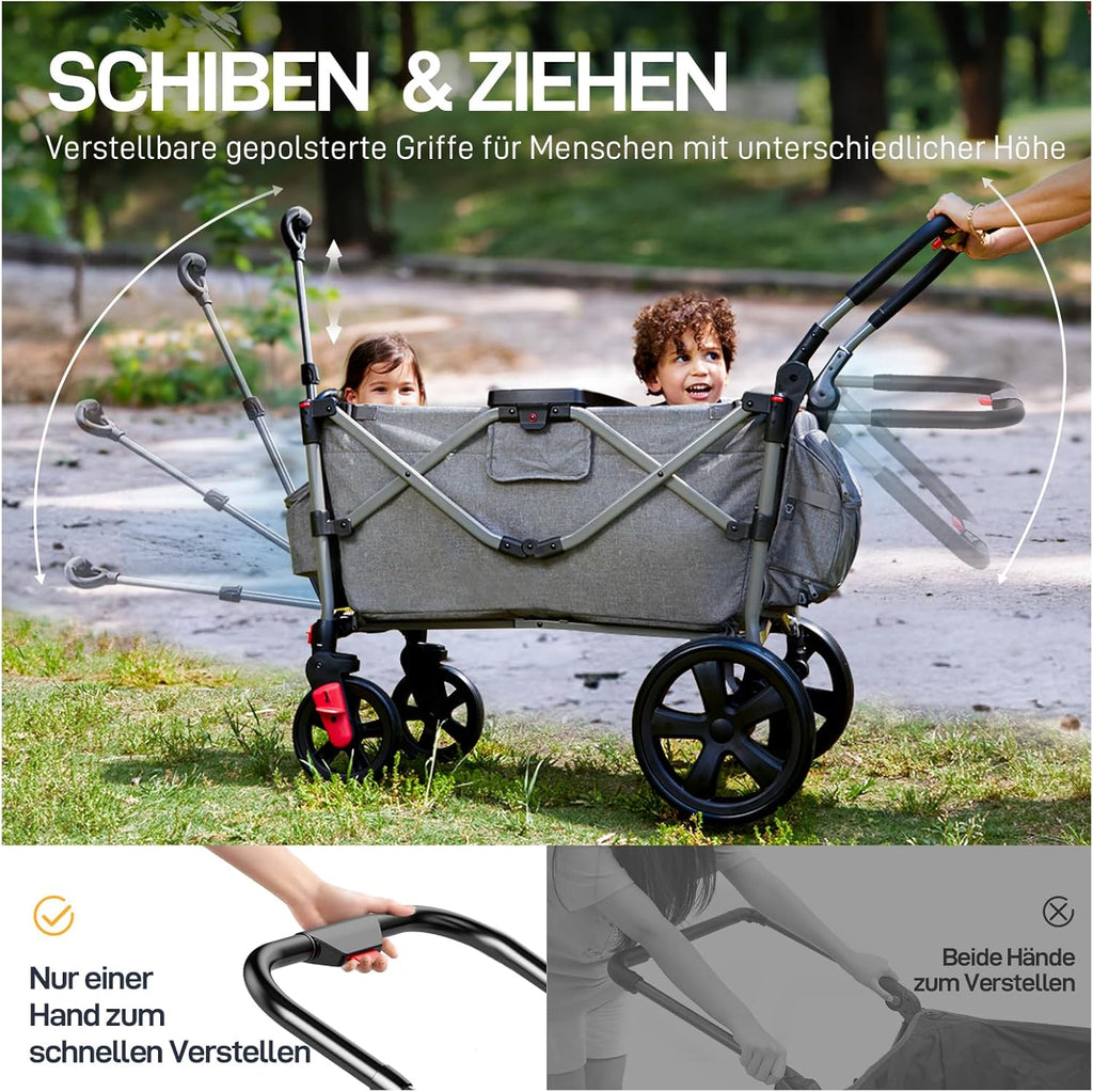 EVER ADVANCED Carretto per 2 bambini pieghevole con tetto, passeggino con cinture di sicurezza a 5 punti, zaino fasciatoio, carretto con sedile, carrello di trasporto, spinta e trazione, freno a pedale