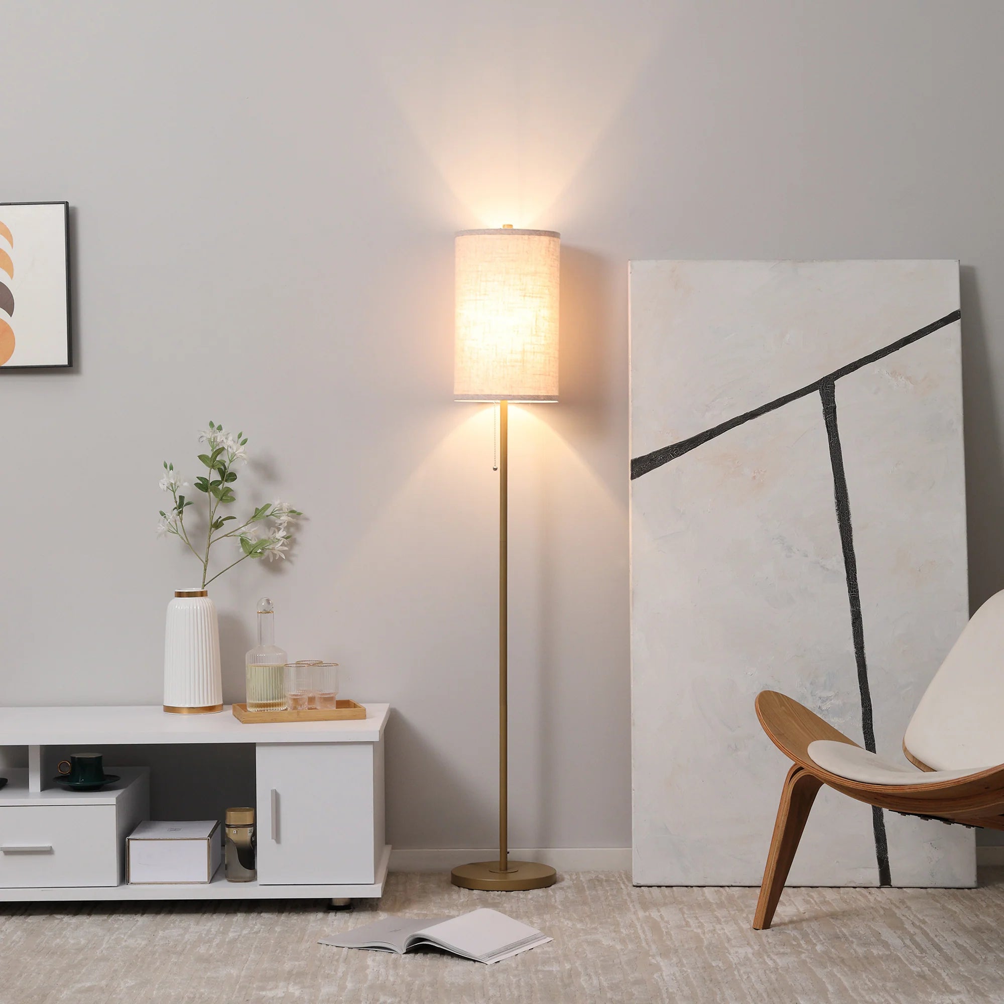 HOMCOM Stehlampe Standleuchte elegantes Design weiches Licht Leinen Cremeweiß