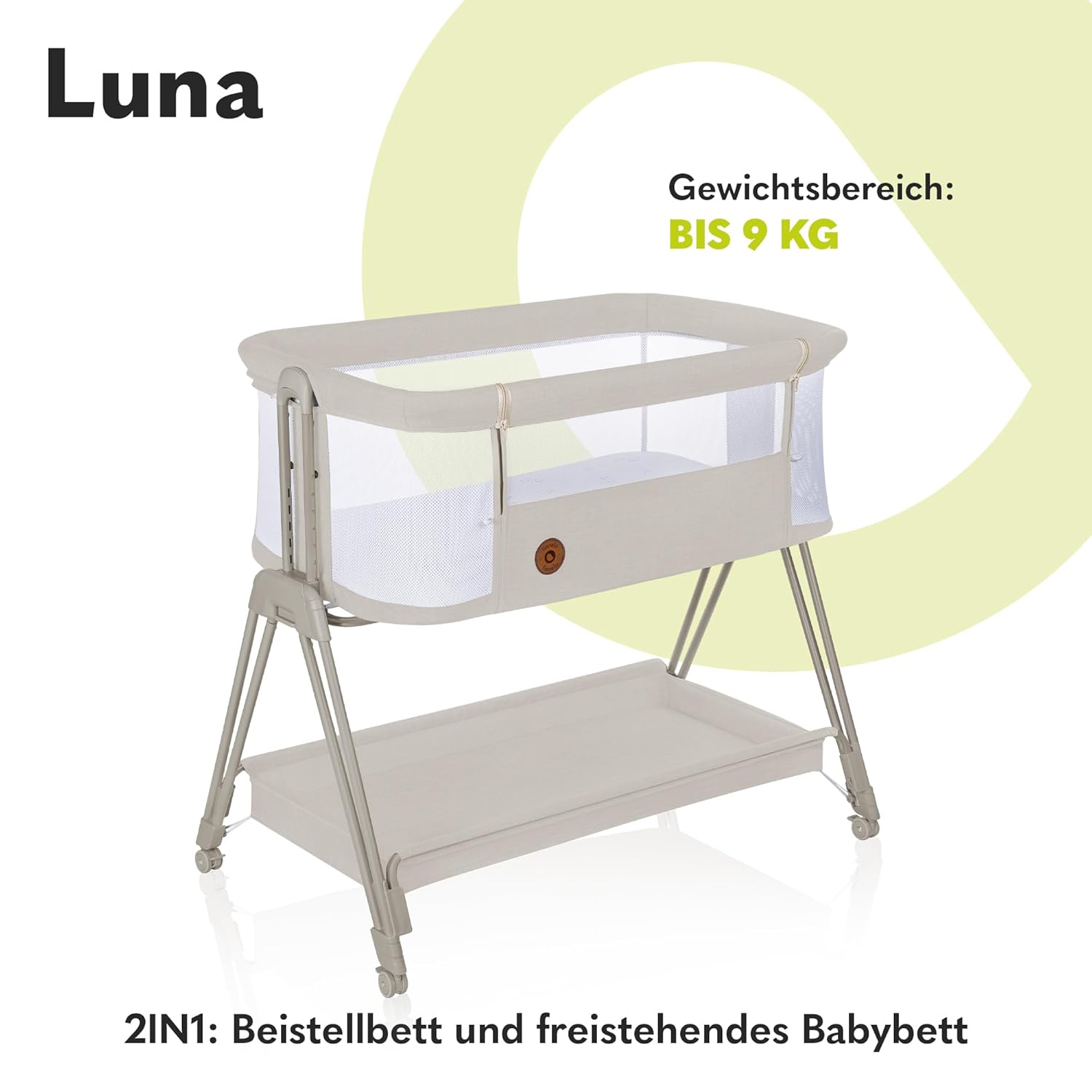 Lionelo Luna EIN tragbares Beistellbett mit Einer Matratze, reisebett, von Neugeboren bis 9 kg, in der Höhe und der Neigung verstellbar, 4 Rädern mit Bremse, Befestigung zum Elternbett (Beige)