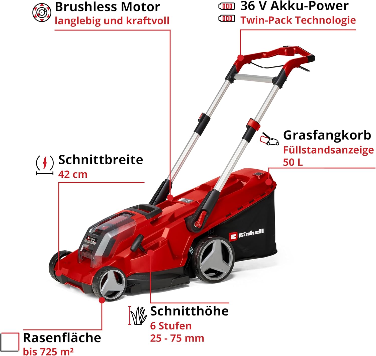 Einhell Rasaerba a batteria RASARRO 36/38 Kit Power X-Change (36 V, 38 cm larghezza taglio, 450 m, senza spazzole, funzione mulching, sacco di raccolta 45L, incl. 2 batterie da 4,0 Ah + caricatore doppio)