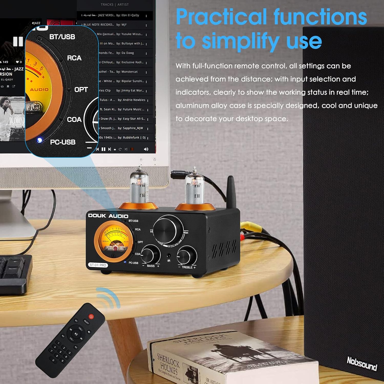 Douk Audio ST-01 PRO Amplificatore HiFi, Mini Amplificatore a Valvole da 200W con Bluetooth 5.0, VU Meter, Ingresso USB DAC Coassiale/Ottico (ST-01PRO)