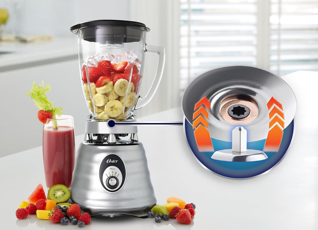 OSTER Classic Frullatore a immersione e frullatore per smoothie, 3 velocità, 600 W, bicchiere in vetro da 1,25 l, lame in acciaio inossidabile [OBL245X], 1 pezzo