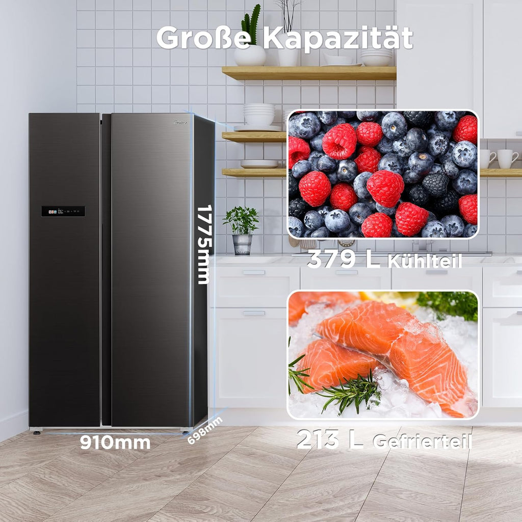Midea KS-DDX 6.32 WT Frigorifero Side-by-Side con Congelatore/Altezza 178,8 cm/254 kWh/anno/No Frost/Compressore Dual Inverter/con Distributore di Acqua e Ghiaccio 3-in-1 e Serbatoio d'Acqua, Inox Scuro