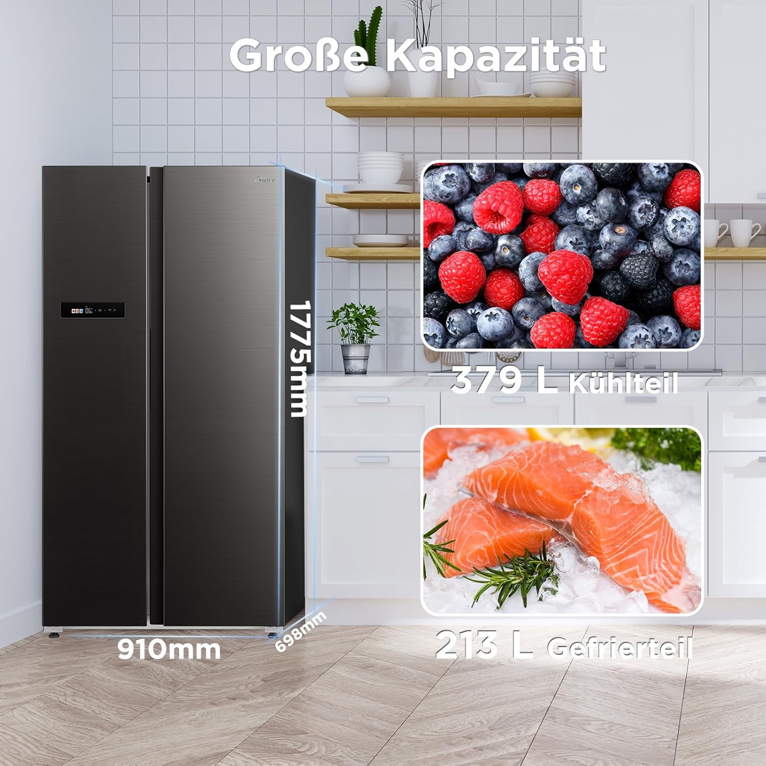 Midea KS-DDX 6.32 WT Frigorifero Side-by-Side con Congelatore/Altezza 178,8 cm/254 kWh/anno/No Frost/Compressore Dual Inverter/con Distributore di Acqua e Ghiaccio 3-in-1 e Serbatoio d'Acqua, Inox Scuro