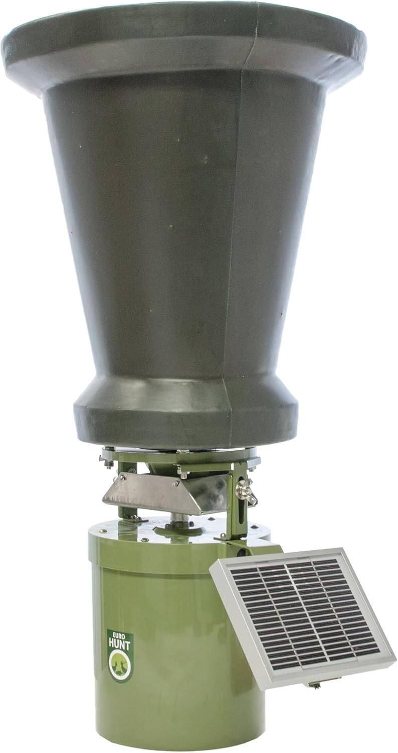 EUROHUNT Alimentatore automatico Light 6V, 14,5 x 14,5 x 22,5cm, distributore automatico per l'alimentazione degli animali, resistente alle intemperie, plastica ABS verde, adatto per un'ampia varietà di tipi di mangime