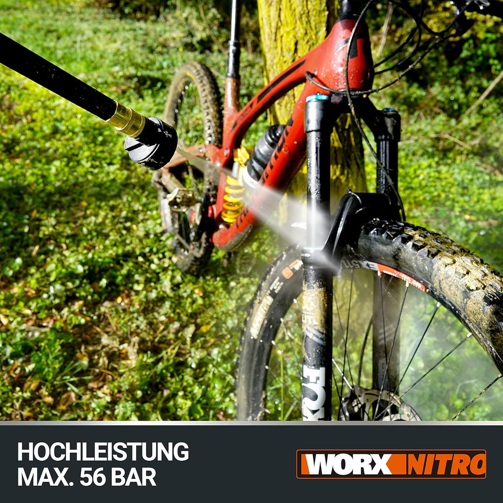WORX Nitro Hydroshot Idropulitrice a batteria 18V(20V MAX) WG633E.1, PowerShare, pulizia di terrazze e auto, max. 56 bar, 220 l/h, con accessori, batteria 4,0 Ah e caricabatterie Arancione e Nero