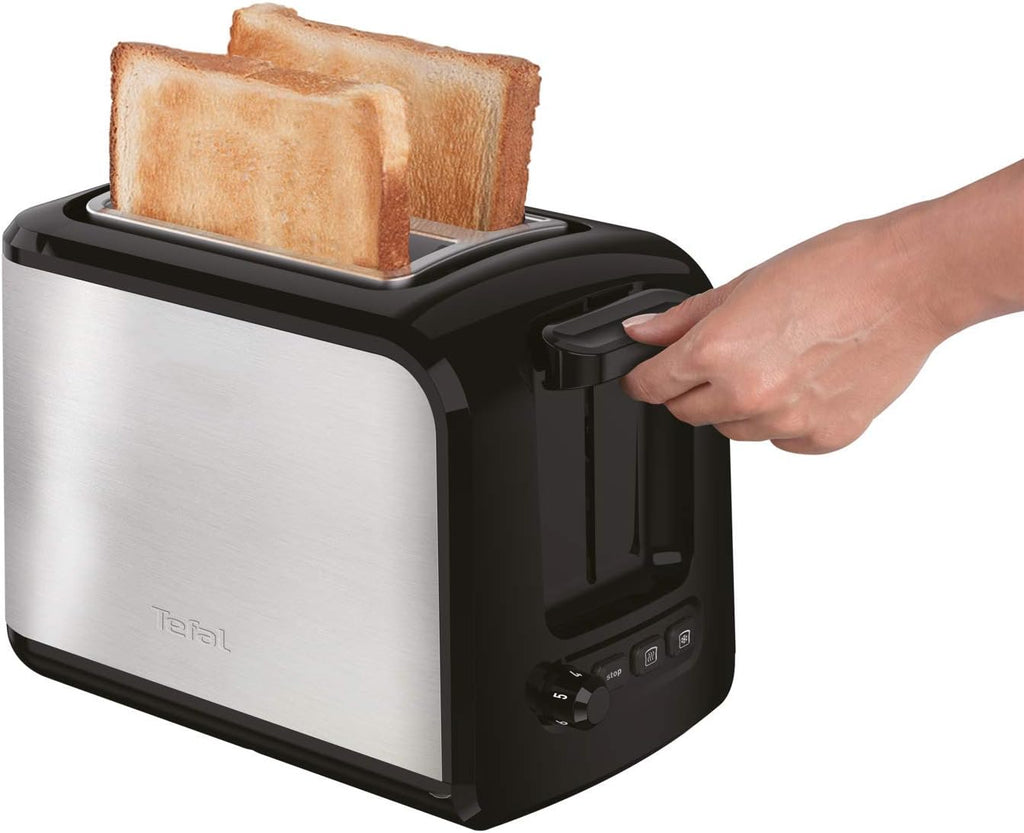 Tefal Express TT410D 2-Scheiben-Toaster, Schwarz, Edelstahl, 2 Scheiben, 850 W, 160 mm & Ultracompact Sandwichmaker SM1552 | für dreieckige Sandwichtoasts | 700W | 26.5 x 12 x 26 cm, Edelstahl/Schwarz