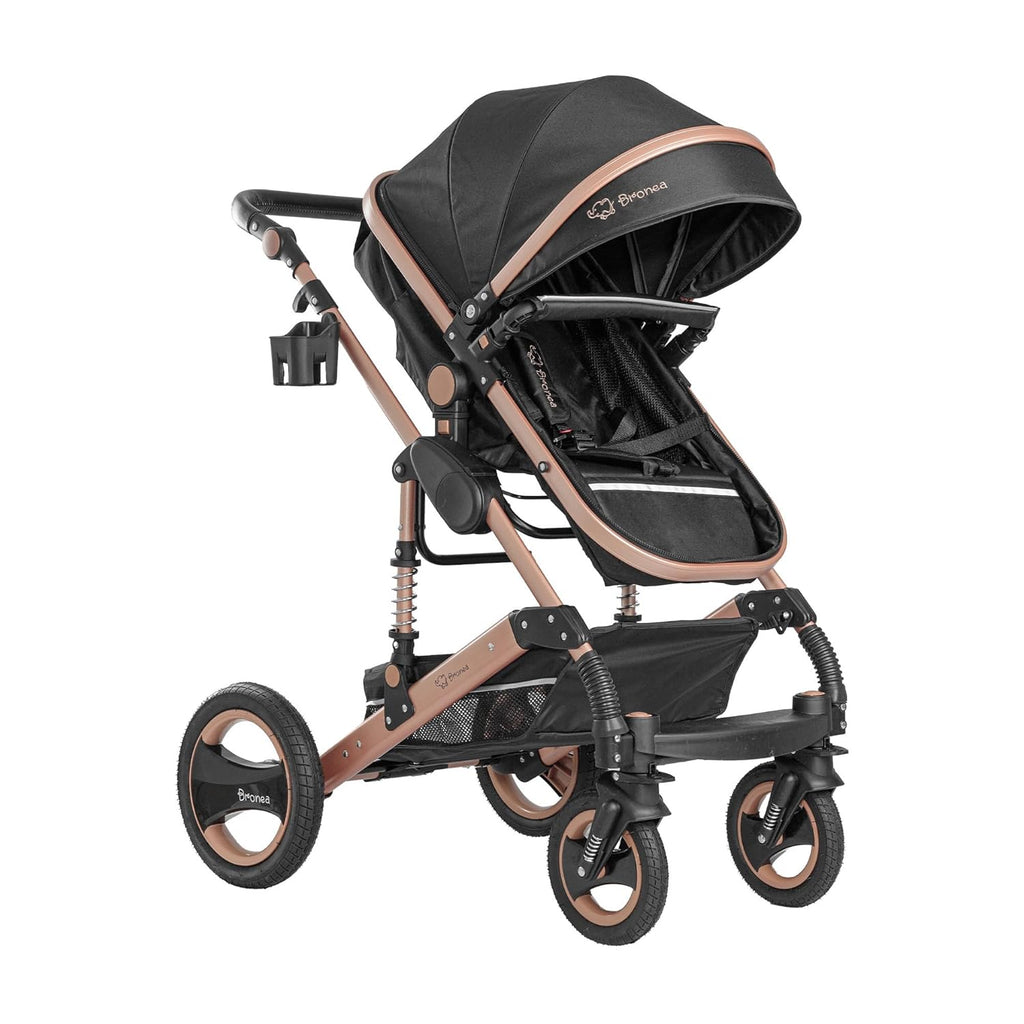 Bronea EXQUISE Kombi-Kinderwagen 3 in 1 INKL. MATRATZE | FARBAUSWAHL | Buggy, Auto-Babyschale, Zusammenklappbar mit Wickeltasche, Regenschutz, Mückenschutz & Sonnenschutz, Farbe:schwarz/champagne