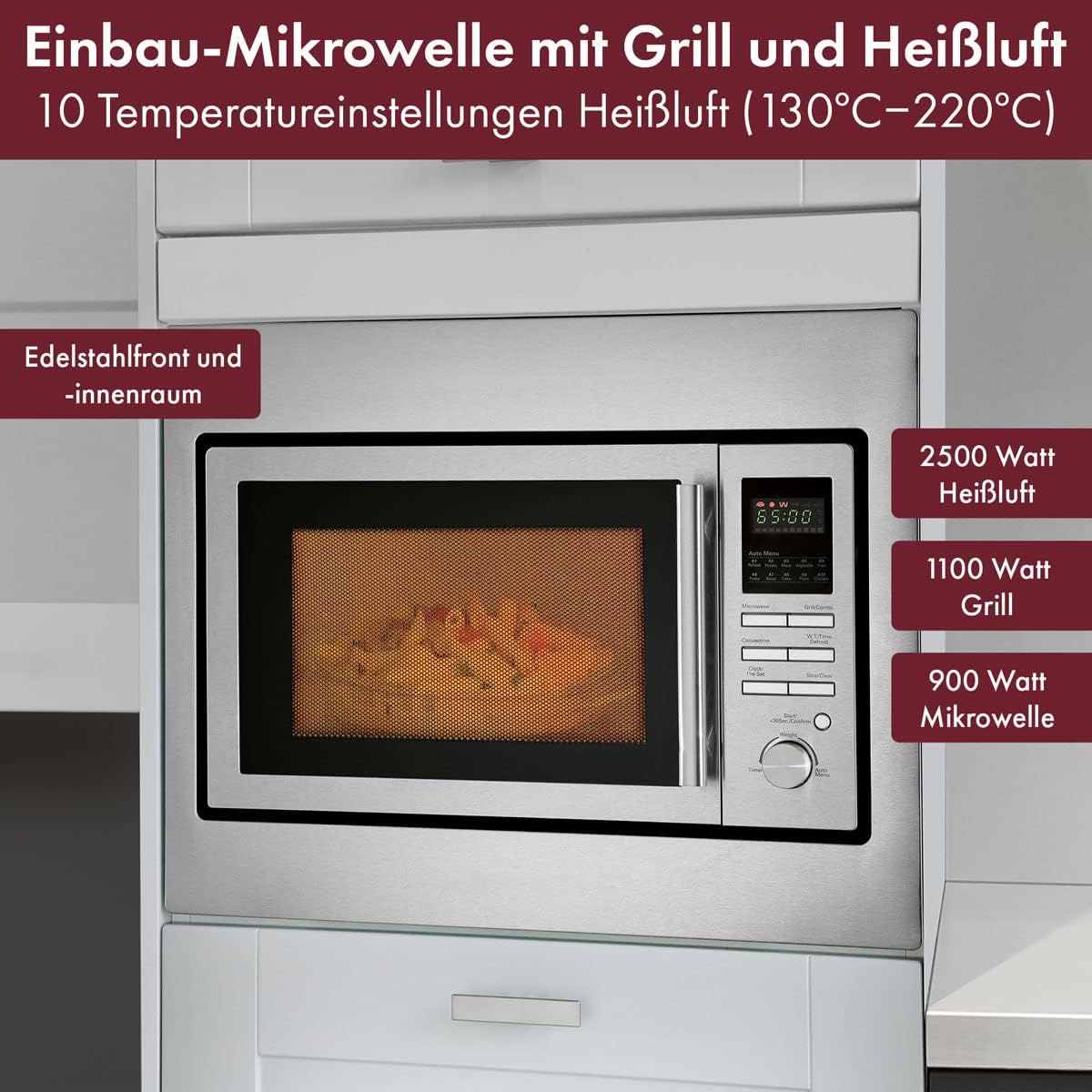 Bomann 3in1 Einbau-Mikrowelle mit Grill und Heiluft, Microwave, 25 L Garraum, 10 Automatikprogramme, Auftaufunktion, inkl. Grillrost und Drehteller ( 32 cm), 900 Watt, Edelstahl, MWG 2216 H EB