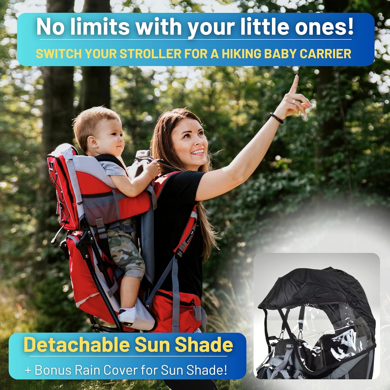 Dromader Kraxe Kindertrage bis 22kg – Kindertrage Wandern mit Sonnendach, Regenschutz, Thermotasche, Wickelmatte – Einhändig klappbare Rahmen – Blau