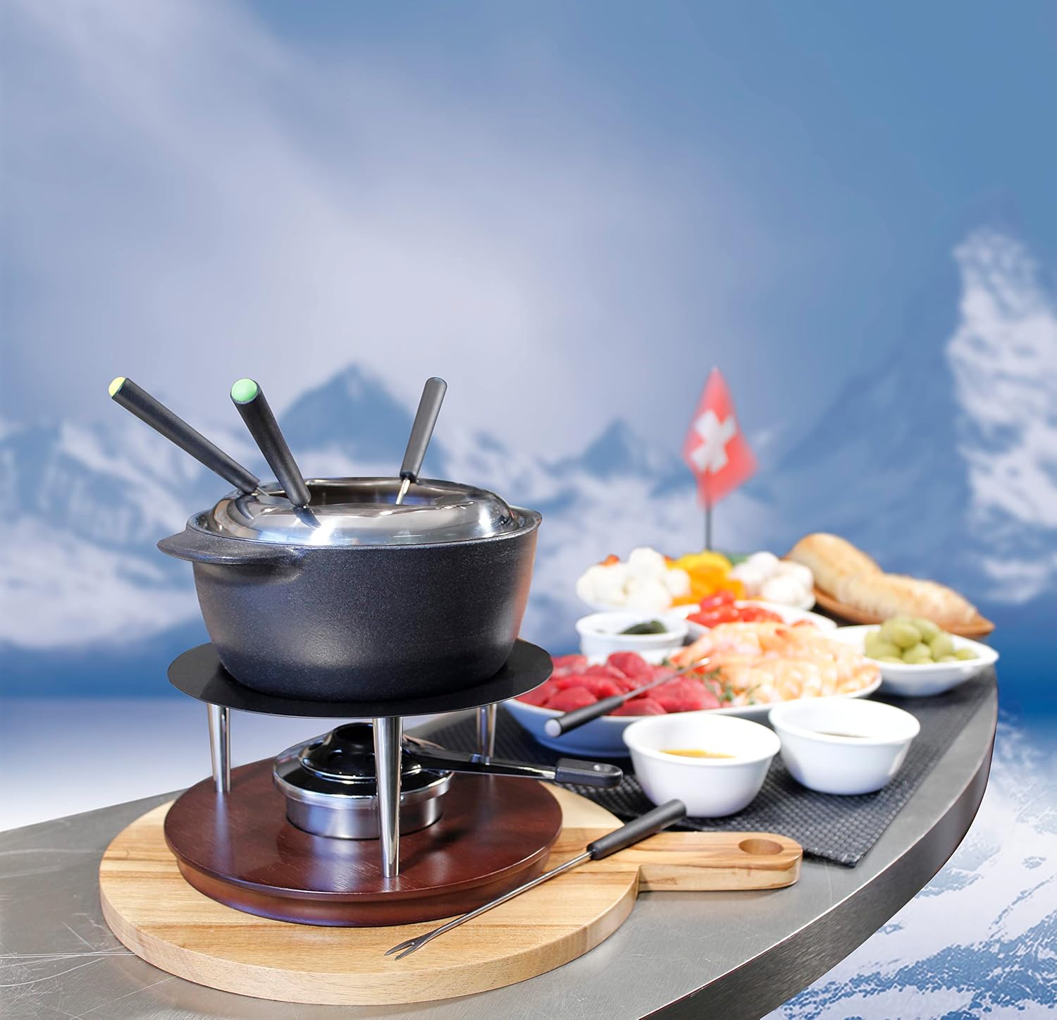 Swissmar F66415 Lausanne Fondue Set 11-teiliges, Kupfer/Edelstahl, 1.8L, Fondue-Set für Fleisch, Käse und Schokolade, für 6 Personen, Geschenkset
