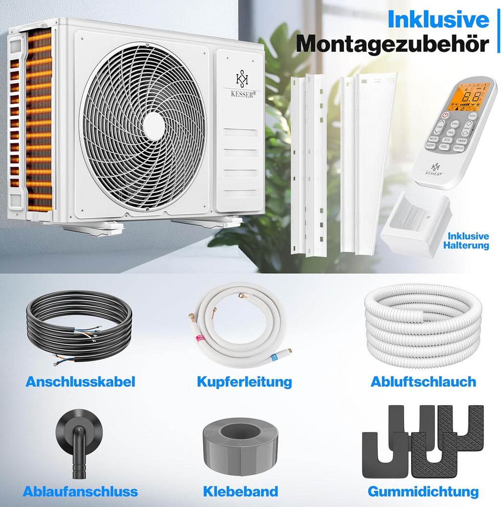 KESSER® Condizionatore Split - con funzione WiFi/App - Raffreddamento A++/Riscaldamento A+ - 9000 BTU/h (2.600 Watt) Refrigerante R32 - Telecomando, funzione timer - Kit di montaggio completo incluso