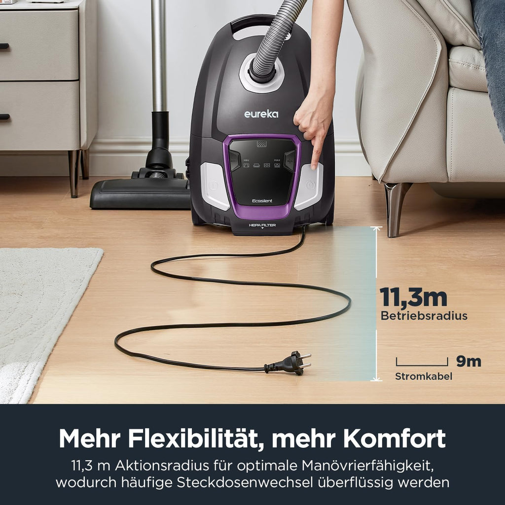 Eureka NEN300 Aspirapolvere a traino con sacco 700W, 62 dB(A) Estremamente silenzioso, Aspirapolvere potente con filtro igienico e spazzola per pavimenti duri, parquet, tappeti, piastrelle, 2L
