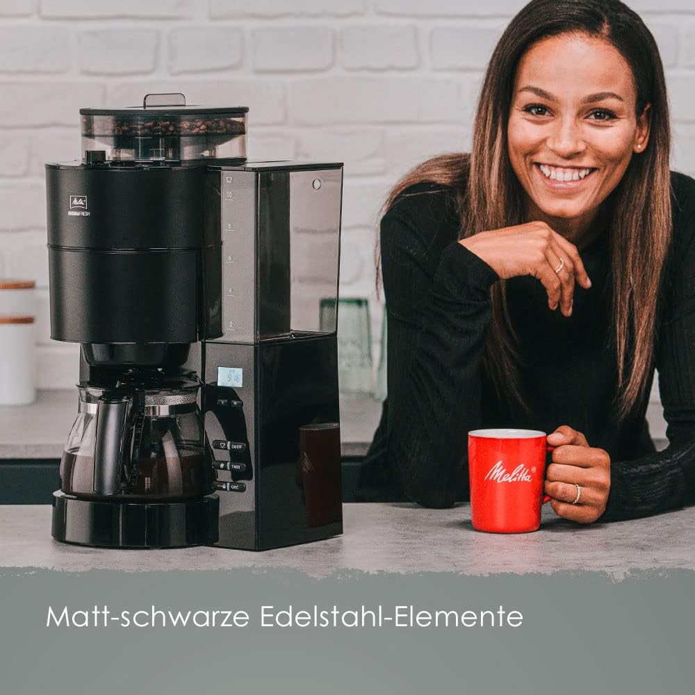 Melitta AromaFresh - Macchina da caffè con filtro - con caraffa in vetro - macinacaffè integrato - funzione timer - 10 tazze - Pure Black