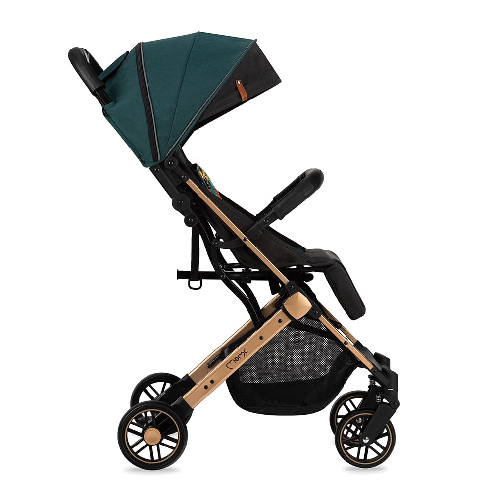 MOMI ESTELLE Kinderwagen für Kinder ab 6 Monat bis zu max körpergewicht von 15 kg, klappbar auf die Maße 65 x 51 x 21 cm, gewicht 7,5 kg, 5-Punkt-Sicherheitsgurt, koffer, grau-gold, Räder 6''/6,5''