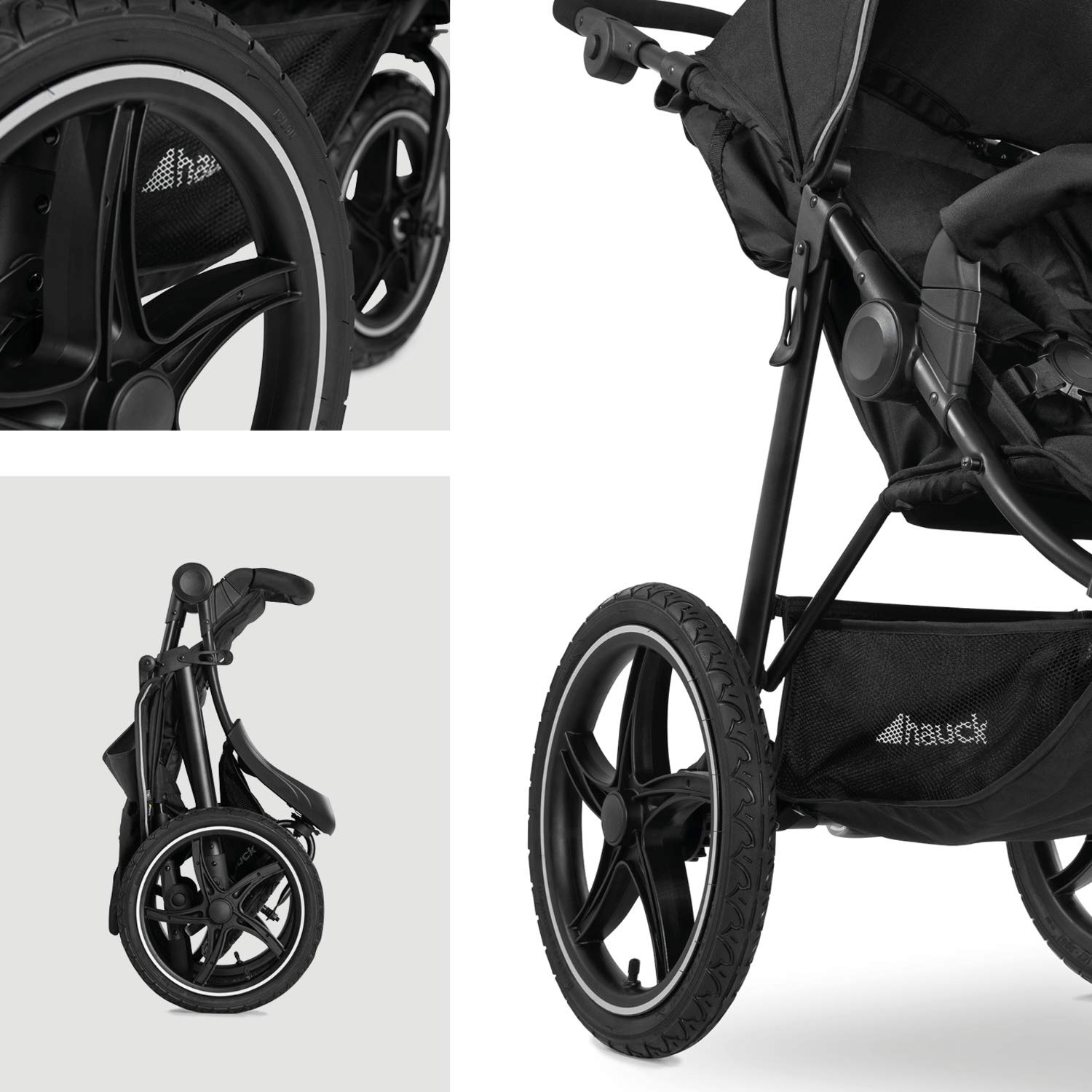 hauck Passeggino Runner 2, Passeggino a tre ruote con ruote pneumatiche XL per bambini fino a 22 kg, Protezione UV 50+, Finestra di ventilazione, Regolabile in altezza, Pieghevole, Cestino XL fino a 3 kg, Funzione reclinabile (Nero)