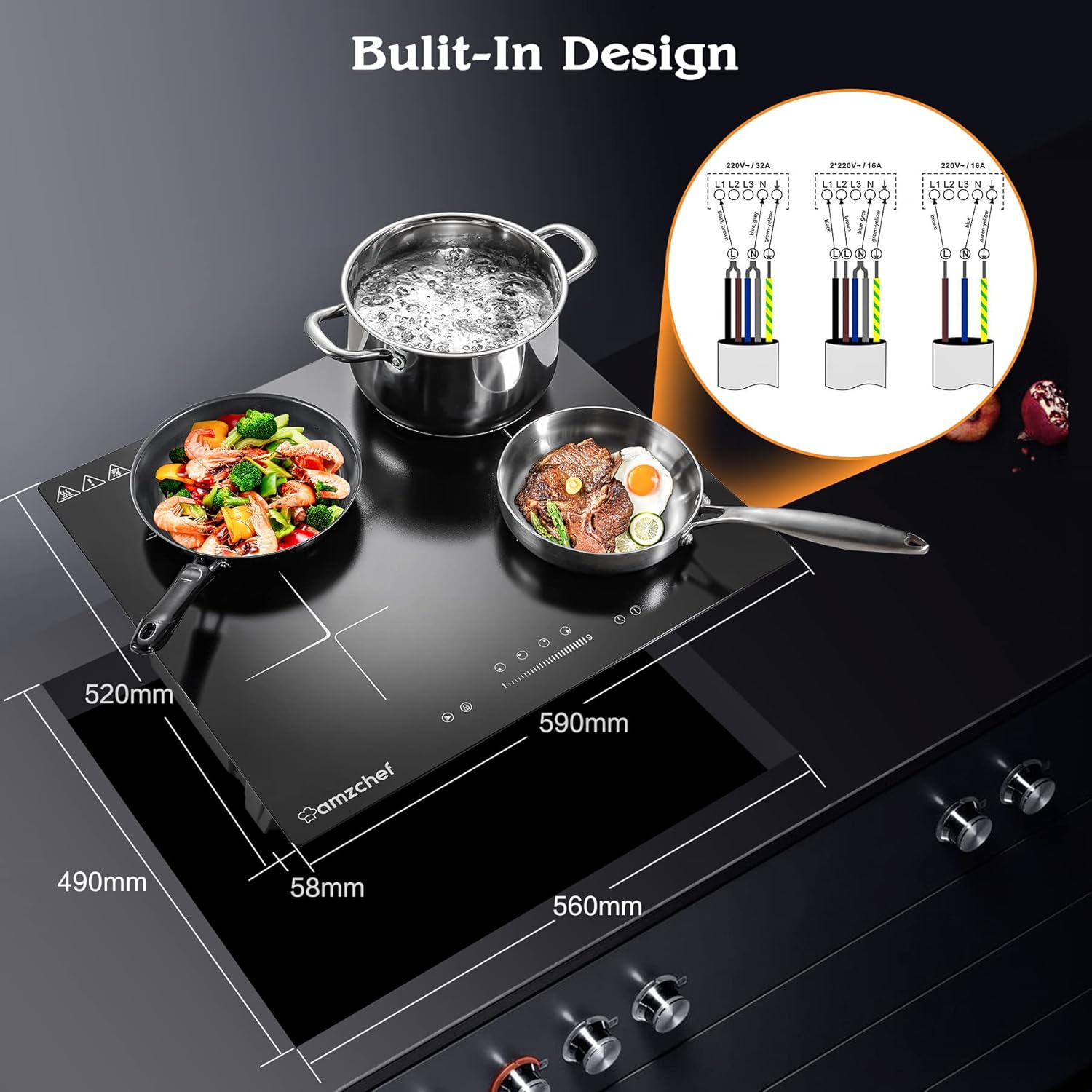 AMZCHEF Induktionskochfeld 60cm mit Zwei Flexzonen, 4 Zonen Induktionskochplatte mit Boost-Funktion und 9 Leistungsstufen, Touch-Bedienung, Timer, Sicherheitsschloss, Überhitzungsschutz, BBQ, 7200W