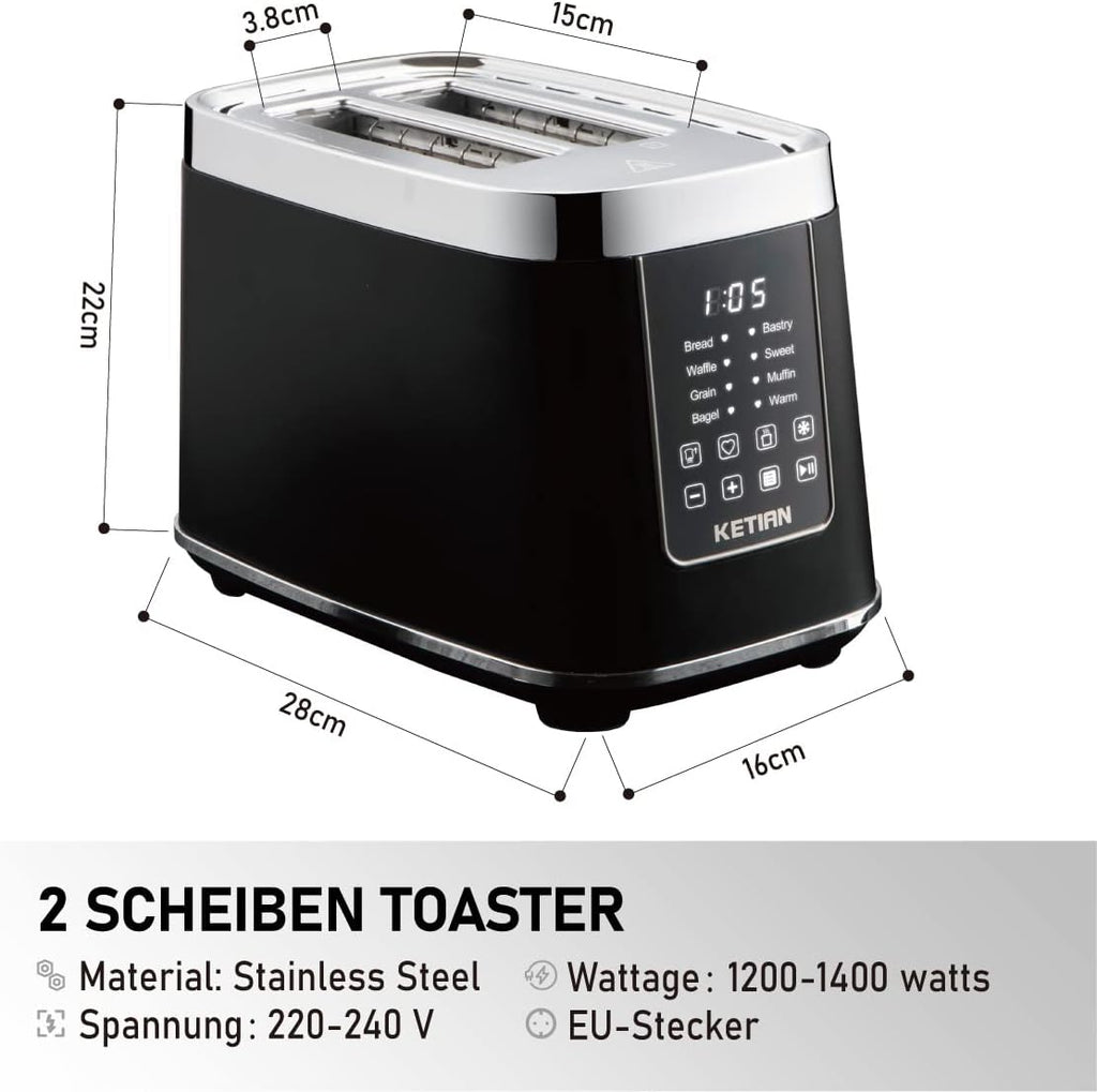 Toaster 2 Scheiben, KETIAN 2 Toast Schlitze mit Brötchenaufsatz, hochwertiger Edelstahl-Toaster, 7 Stufen, Auftaufunktion, Abschaltautomatik, 1400 W