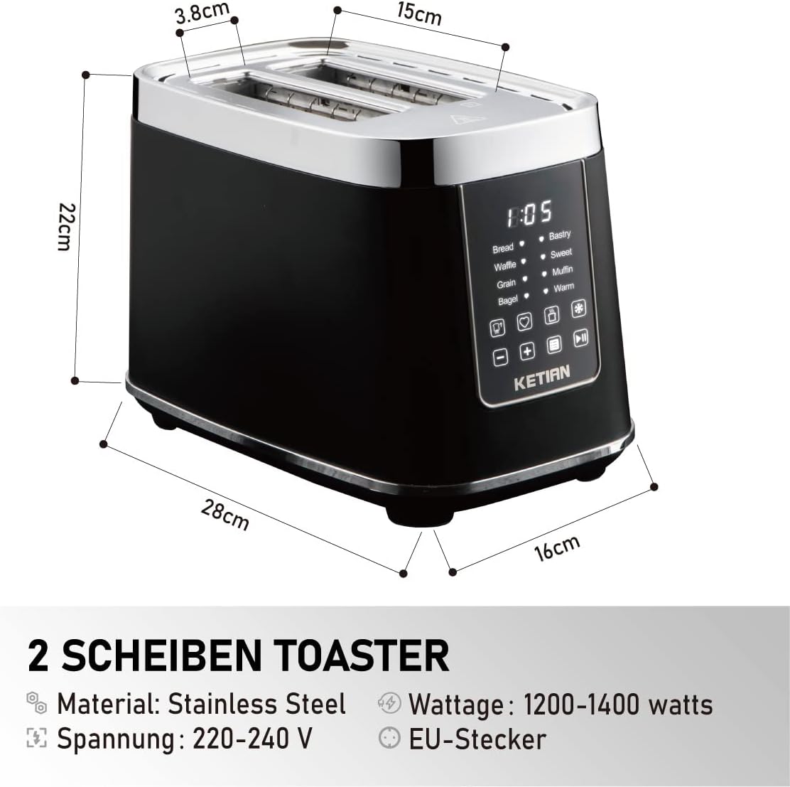 Toaster 2 Scheiben, KETIAN 2 Toast Schlitze mit Brötchenaufsatz, hochwertiger Edelstahl-Toaster, 7 Stufen, Auftaufunktion, Abschaltautomatik, 1400 W