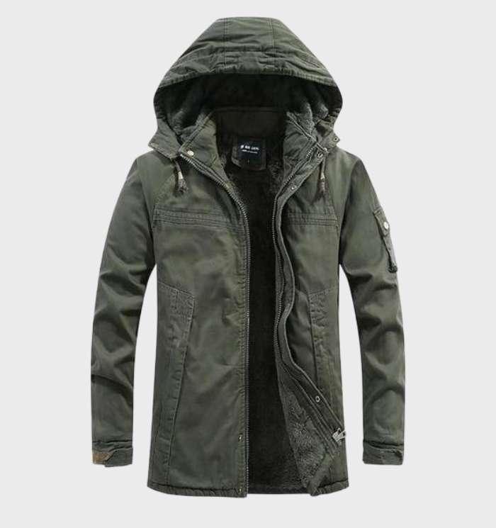 Thick men's cargo jacket with fleece lining and hood