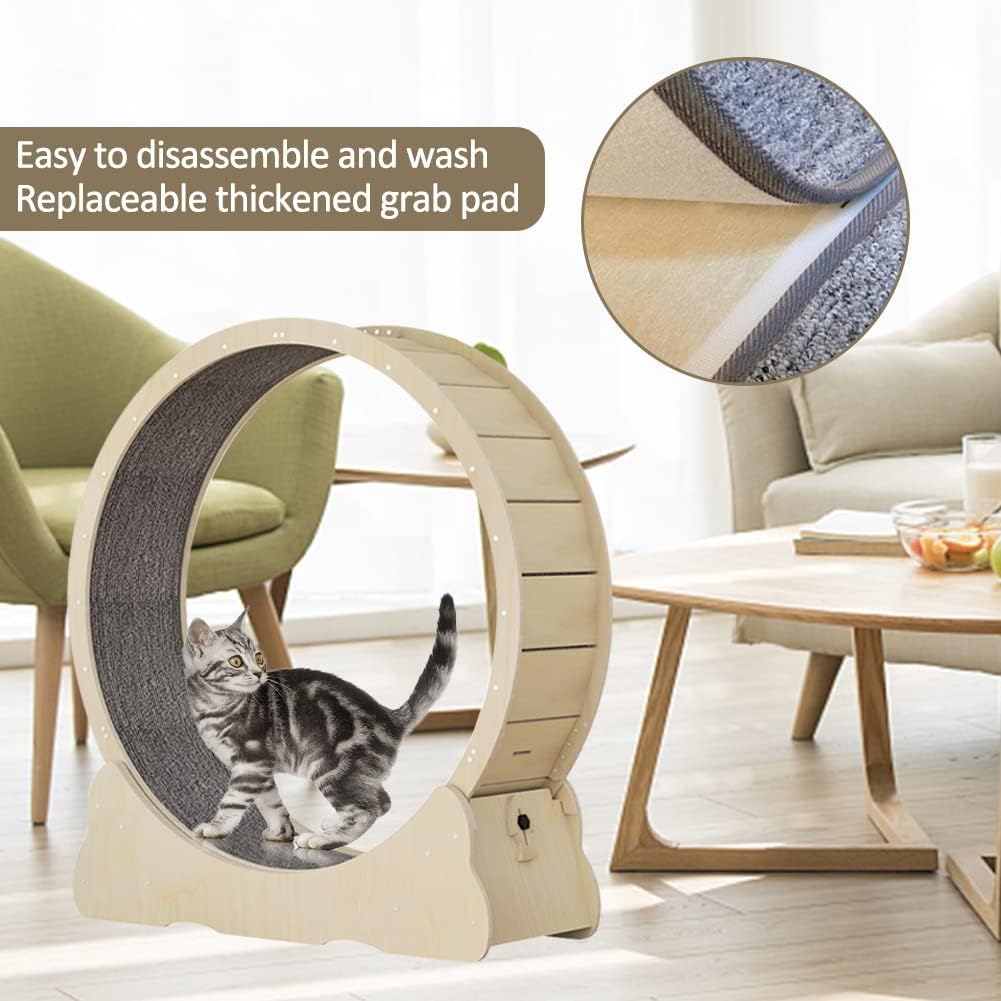 Keyzone Katzenlaufrad Laufrad für Katzen, Laufrad Katze, Laufband mit Teppichboden, Katzenrad Fitnessgerät zur Gewichtsabnahme, für EIN längeres Leben der Katze (M, Natürliche Holzfarbe)