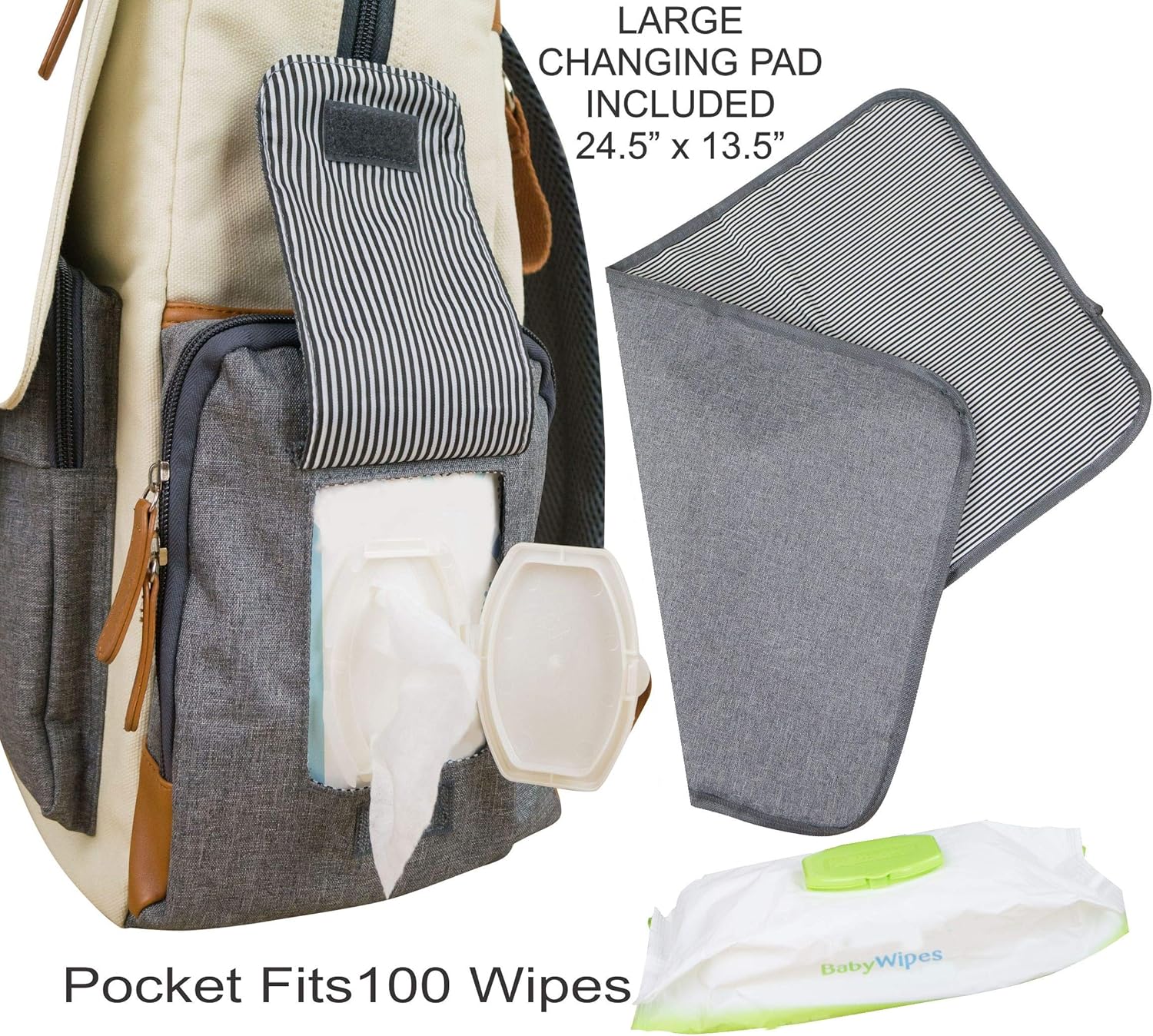 Cutie Tragetasche für Babys, Wickeltasche, Rucksack, Bio-Baumwolle, wasserdicht, mehrere Taschen, isoliert, mit gepolsterten Schultergurten, inklusive Kinderwagenriemen, cremefarben,Grau
