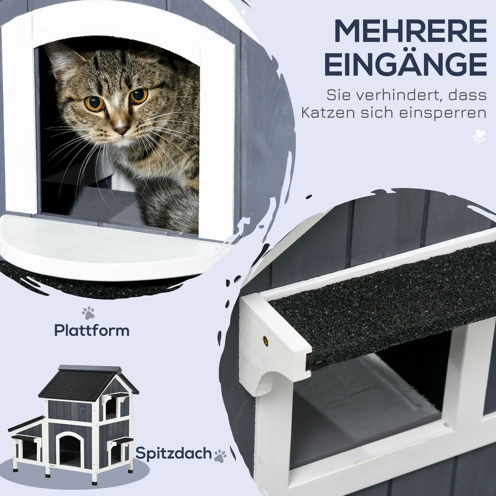 PawHut Outdoor Katzenhaus 2 Etagen mit Asphaltdach Blumenkasten