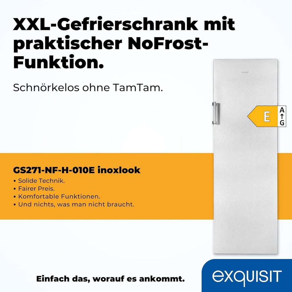 Exquisit Gefrierschrank GS271-NF-H-010E effetto inox | Congelatore NoFrost 194 l di capacità | Congelatore con 5 cassetti | Congelamento rapido