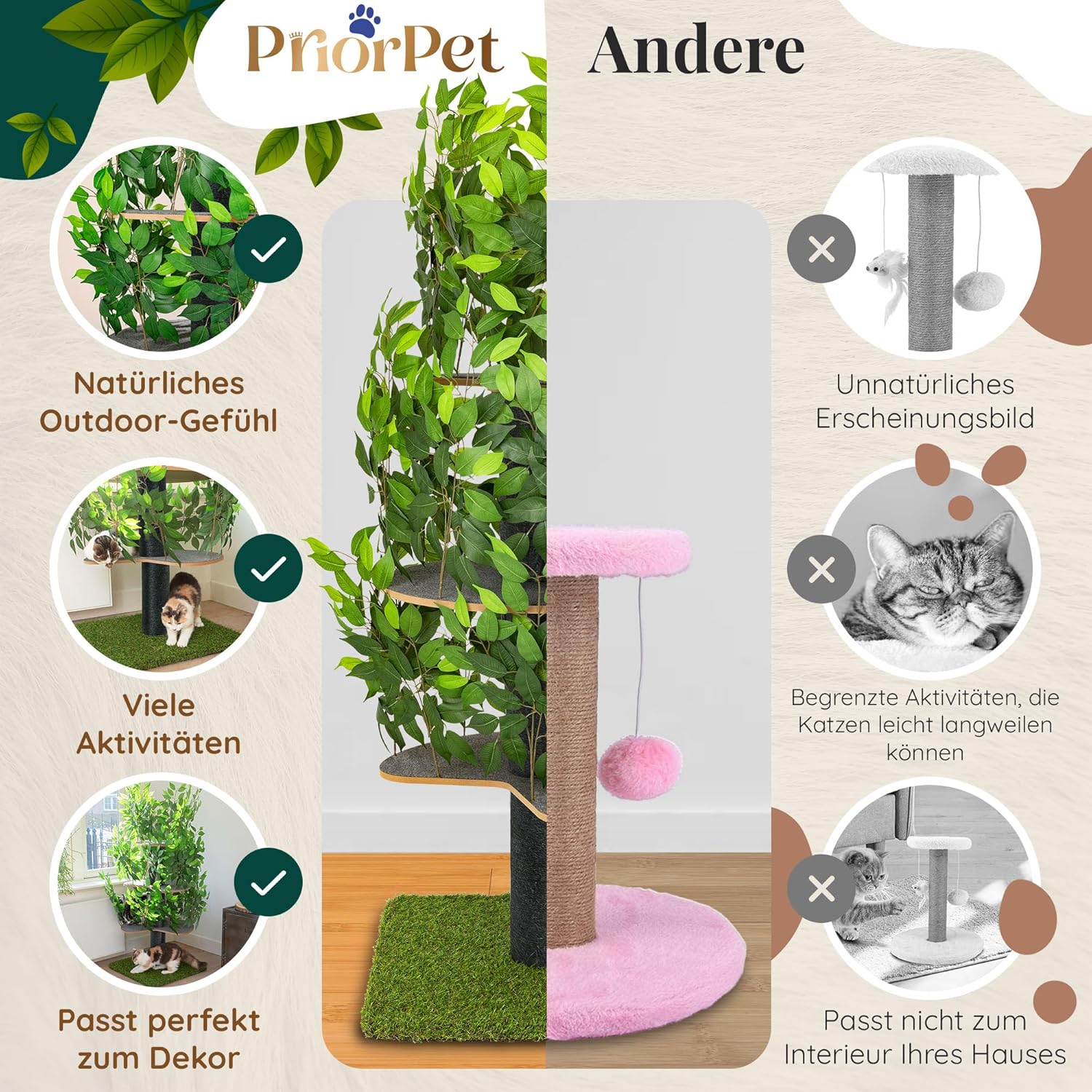 Tiragraffi albero naturale per arrampicarsi, nascondersi e dormire - grande con foglie intercambiabili - a più livelli, facile da montare - materiali sicuri per animali domestici, durevole e robusto albero per gatti brevettato