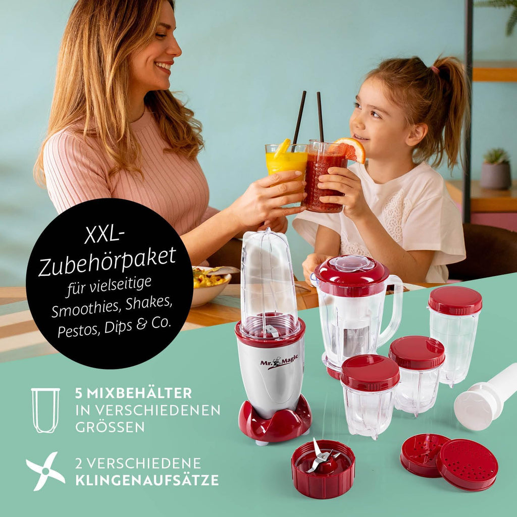 GOURMETmaxx Frullatore per Smoothie e Frullatore a Immersione Set da 18 pezzi - 400W | Frullatore Elettrico da 750ml, Mixer con 4 Bicchiere To-Go, 2 Lame, Spremiagrumi, Piedistallo e Coperchio | Lavabile in Lavastoviglie, a Prova di Perdite e Senza BPA