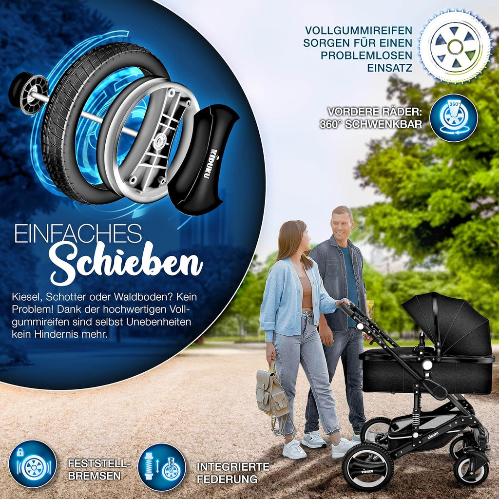 KIDUKU® Set completo passeggino 3 in 1 | Set passeggino combinato con navicella e sedile sportivo passeggino e seggiolino auto ovetto sacco a pelo | Ruote in gomma piena borsa per il cambio scaldamani parapioggia tavolino ECE R129