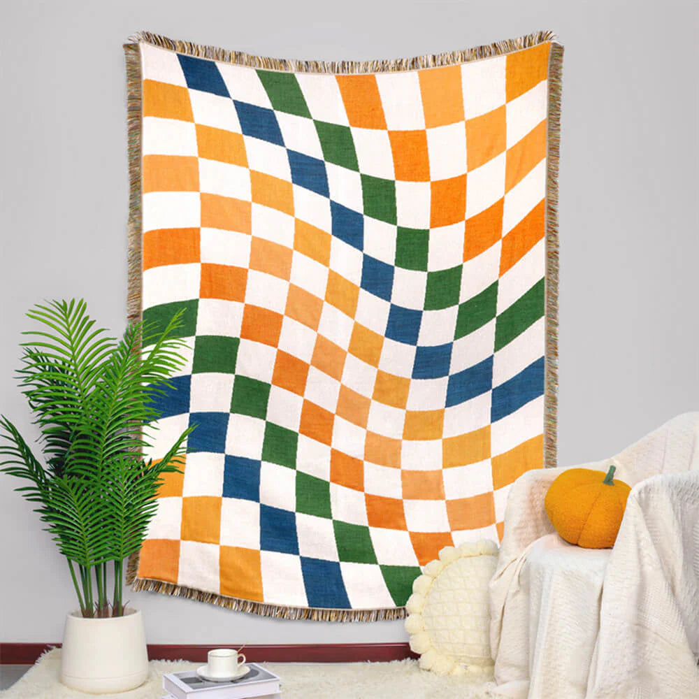 Coperta multifunzionale per divano con protezione antigraffio e design a scacchiera color block
