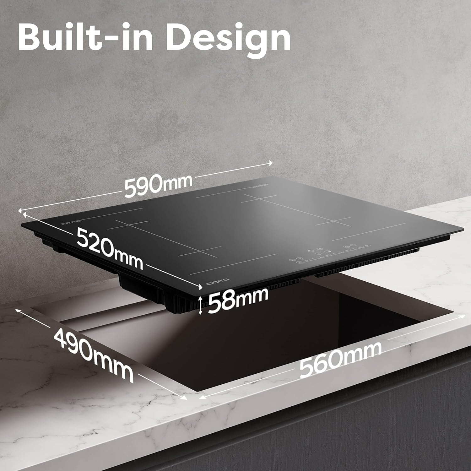 CIARRA CBBIH4B Piano Cottura a Induzione da Incasso a 4 Zone con Power Booster, Controllo Touch, 4 Piastre, 9 Livelli di Potenza, 60 cm (7.200 W)