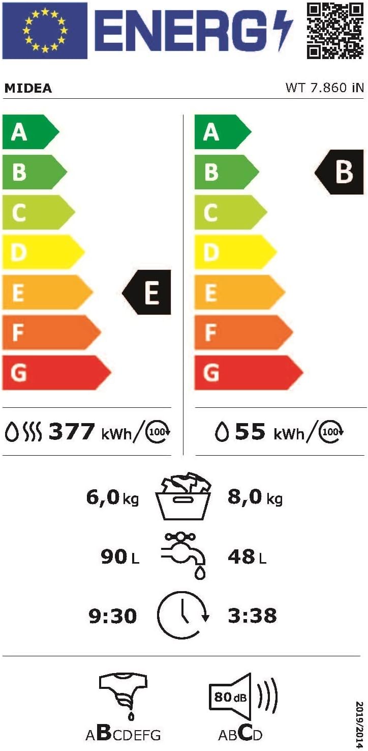 Lavasciuga Midea MF200D86WB-14EAS, 8/6kg lavaggio/asciugatura, Motore Inverter, Refresh, 60 min. Lavaggio e Asciugatura, Steam Care, Turbo Wash, 48 cm profondità, Controllo APP, AquaStop