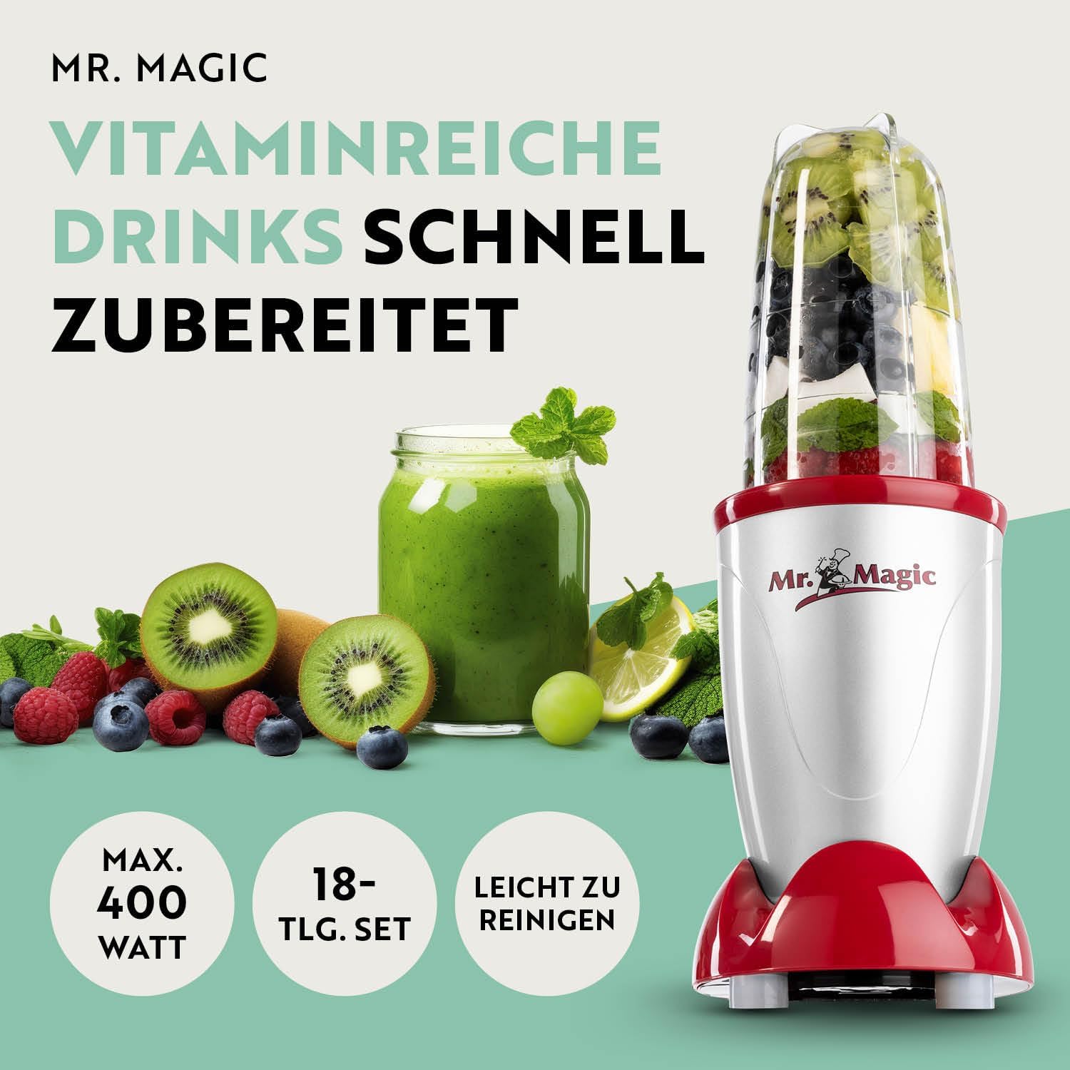 GOURMETmaxx Frullatore per Smoothie e Frullatore a Immersione Set da 18 pezzi - 400W | Frullatore Elettrico da 750ml, Mixer con 4 Bicchiere To-Go, 2 Lame, Spremiagrumi, Piedistallo e Coperchio | Lavabile in Lavastoviglie, a Prova di Perdite e Senza BPA