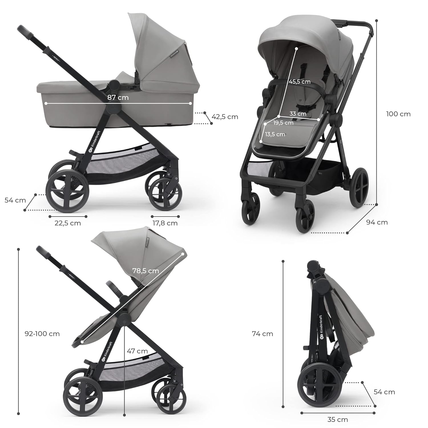 Kinderkraft NEWLY Kinderwagen 3 in 1, Komplettset bis 22 kg, Kindersitz I-Size 40-75 cm im set, Kombikinderwagen mit Fußsack, wasserfestes Verdeck mit UPF50+, Zusammenklappen, Liegeposition, Beige