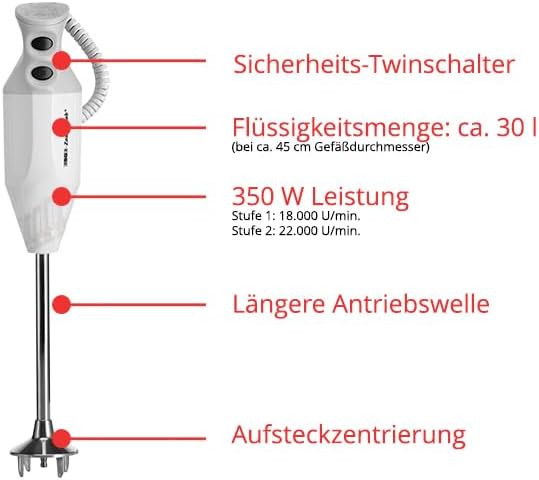 ESGE Zauberstab P 350 Profi, frullatore a immersione bianco con lama multiuso, fino a 22.000 giri/min, 90880, bianco/grigio