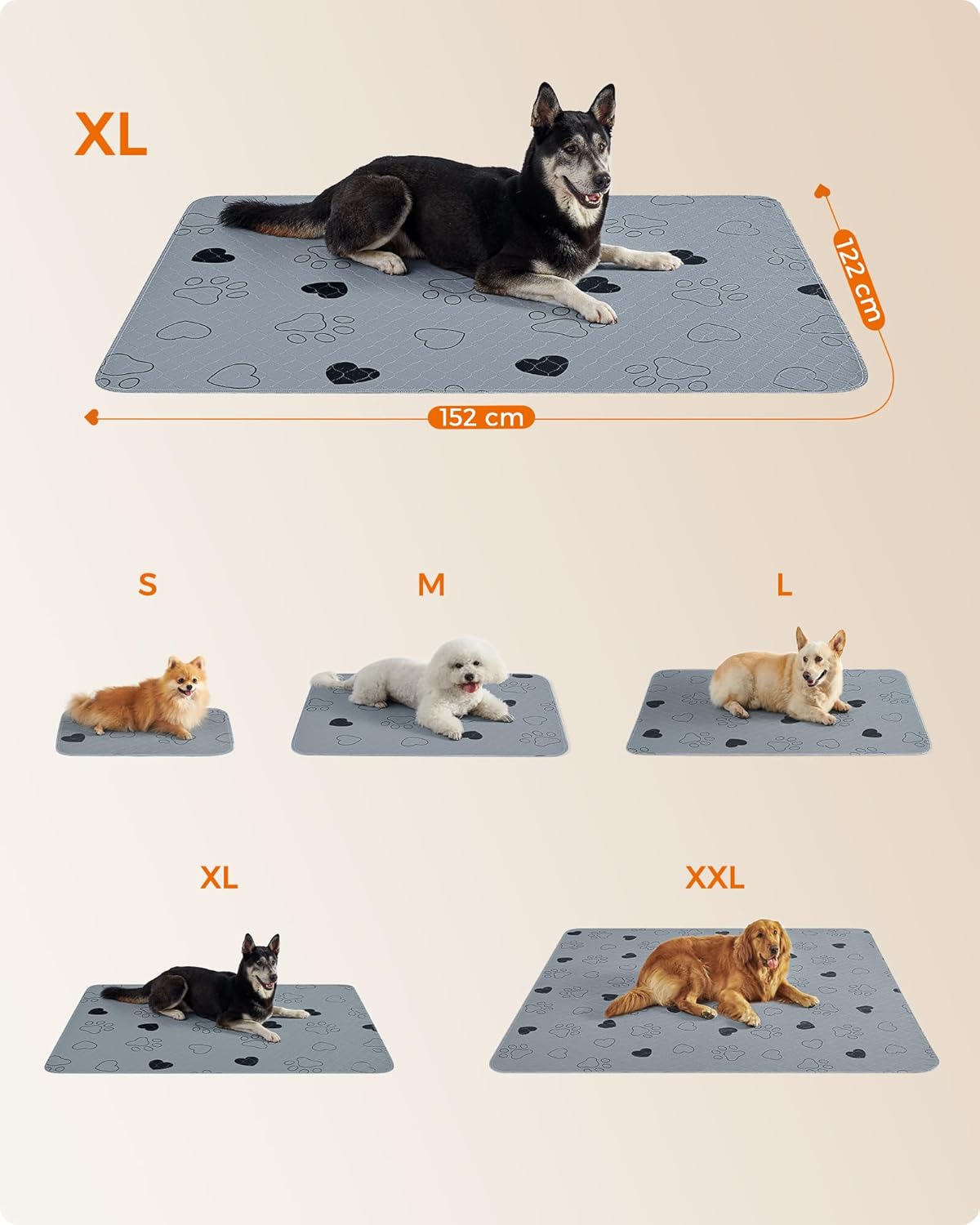 Feandrea Welpen-Unterlagen waschbar, Wiederverwendbare Matten für Hunde, 152 x 122 cm, 2er Set, XL, Hundetoilette, auslaufsicher, rutschfest, super saugfhig, Katzen, Kaninchen, grau PTD048G01