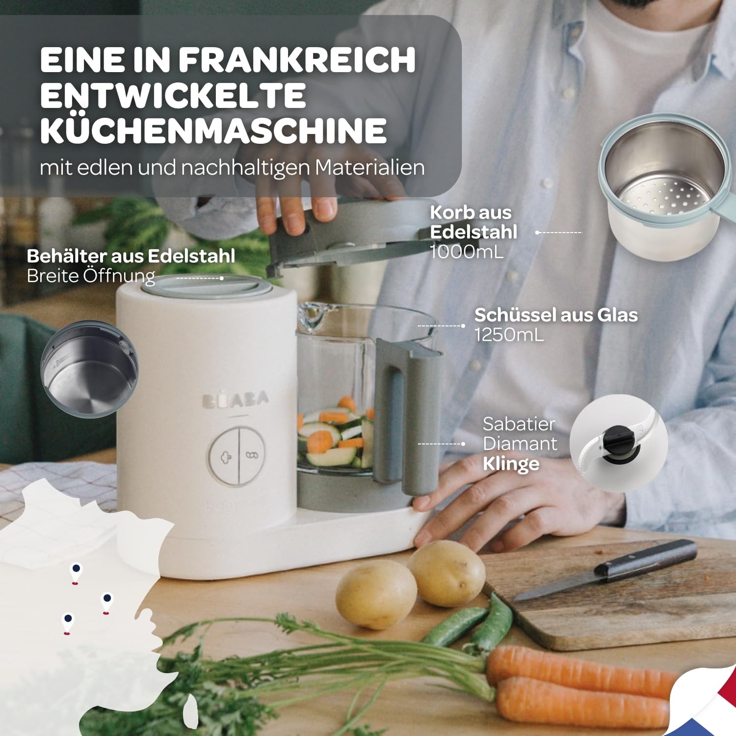 Béaba - Babycook Neo - 6 in 1 Babynahrungszubereiter - Schonender Dampfgarer - Glaskrug und Garkorb aus Edelstahl - Mineralgrau