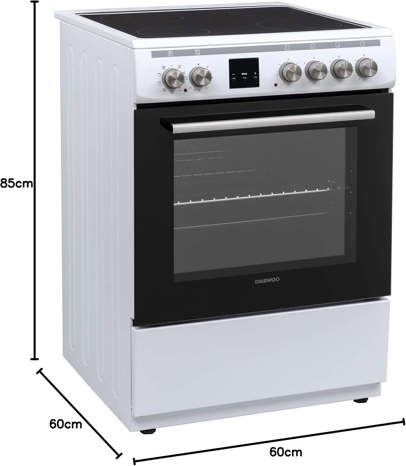 Cucina Daewoo F6EV22WL3DE con piano cottura in vetroceramica, classe energetica A, volume forno: 65 L, 8 funzioni di cottura con calore superiore/inferiore, smalto facile da pulire, 4 zone di cottura, bianca