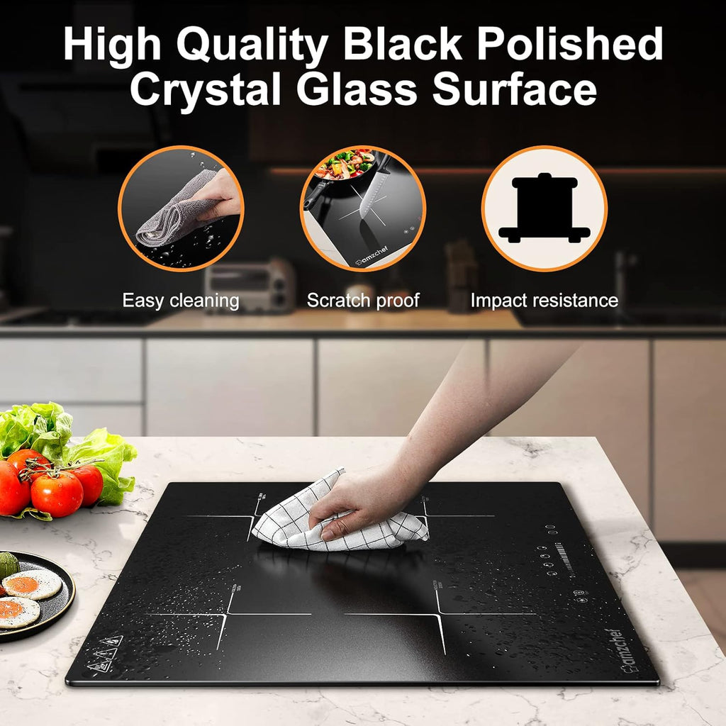 AMZCHEF Induktionskochfeld 60cm mit Zwei Flexzonen, 4 Zonen Induktionskochplatte mit Boost-Funktion und 9 Leistungsstufen, Touch-Bedienung, Timer, Sicherheitsschloss, Überhitzungsschutz, BBQ, 7200W